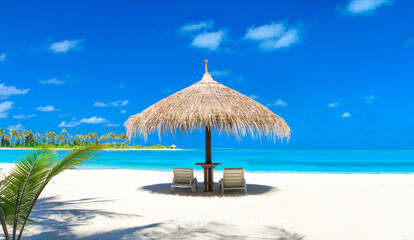 Beach.  White tropical beach in Maldives with few palm trees and blue lagoon