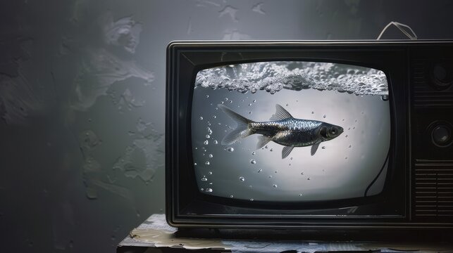 Surreal scene of a glass-like fish floating inside an old television screen filled with water and bubbles, creating a dark, atmospheric composition that blends retro technology with a dreamlike underw