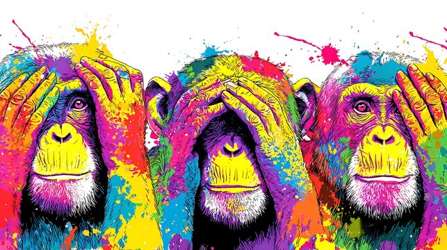 Three Wise Monkeys Pop Art With Vibrant Neon Paint Splatters three monkeys see no evil Photo