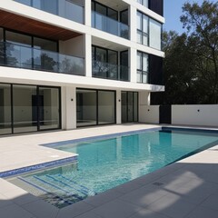 Modern apartment building with a sparkling swimming pool in the backyard