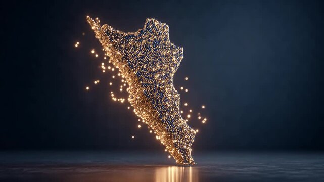 A floating, glowing map silhouette constructed from tiny, luminous particles on a dark gradient background