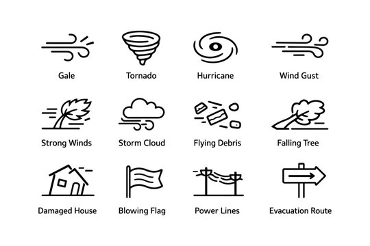 Weather icons depicting gale, tornado, hurricane, and evacuation route