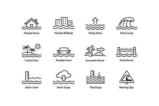 Flood icons: house, buildings, rising water, coastal area, evacuation route