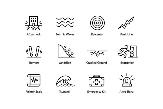 Natural disaster icons: aftershock, seismic waves, epicenter, fault line, evacuation
