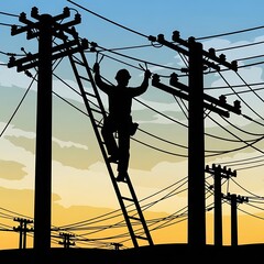Electrician repairing power line cables at sunset maintenance service silhouette illustration concept design