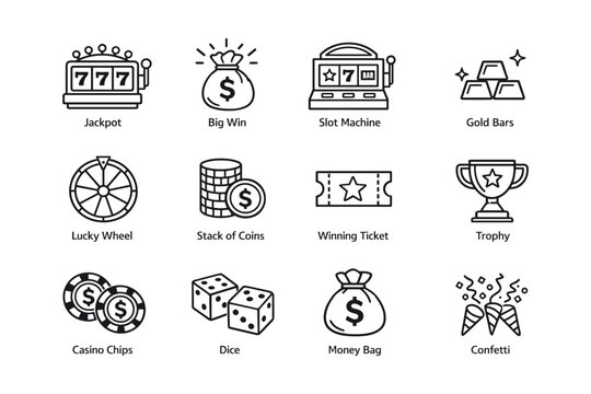 Casino icons: slot machine, jackpot, gold bars, dice, money bag, trophy
