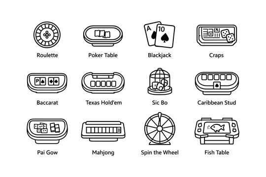 Casino game icons: poker, blackjack, craps, roulette, and more