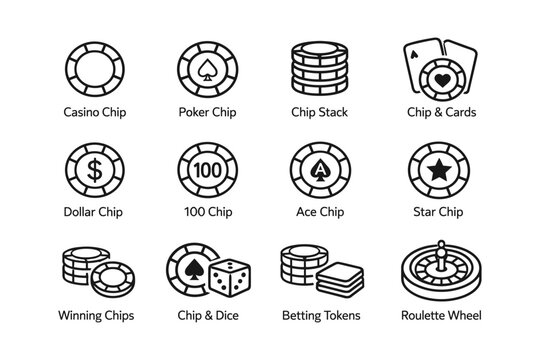 Casino symbols: chips, cards, dice, tokens, roulette wheel icons