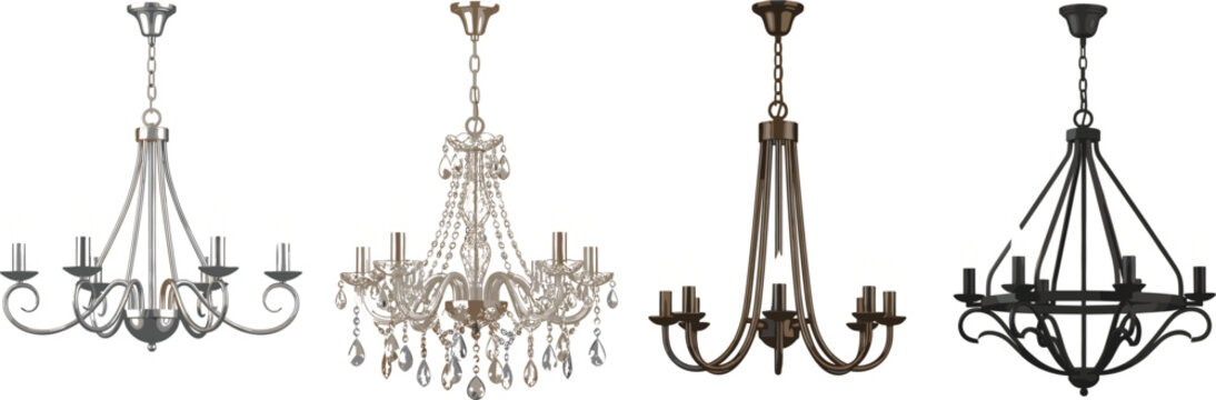 Luxury vector set of four interior chandeliers featuring elegant crystal pendant modern minimalist and classic wrought iron lamp designs for home lighting.
