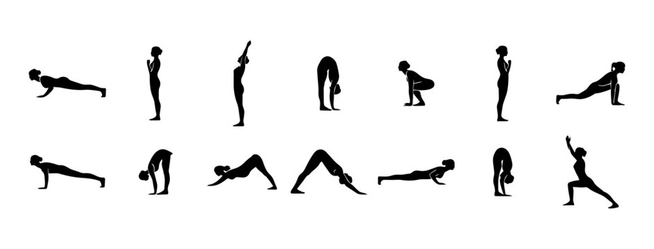 Sun Salutation (Surya Namaskar) Sequence &ndash; Black and White Yoga Pose Silhouettes
