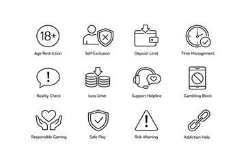 Fototapeta premium Responsible gaming icons: age restriction, self-exclusion, deposit limit, support helpline, gambling block