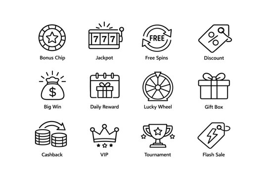 Casino icons set: bonus chip, jackpot, free spins, discount, big win, daily reward, lucky wheel, gift box