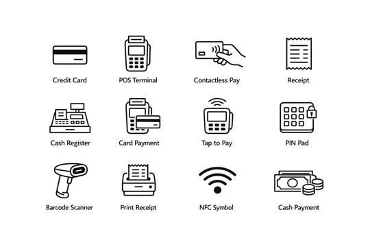 Payment icons: credit card, pos, contactless, receipt, nfc