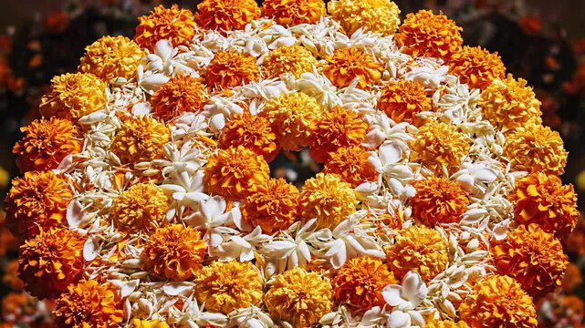 Circular Arrangement of Vibrant Orange Marigolds and White Jasmine Flowers with Falling Petals in Soft Sunlight