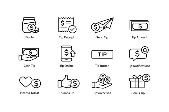 Icon set for tipping: jar, receipt, online options, notifications, bonuses