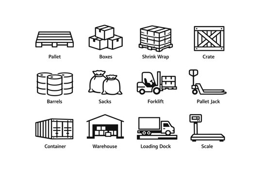 Warehouse logistics icons: pallet, forklift, sacks, crate, scale, boxes, container, shrink wrap