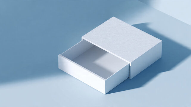 Minimalist sliding drawer box mockup for luxury product packaging on blue background with soft shadows