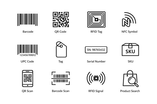 Barcode qr rfid nfc symbols: modern identification and tracking icons collection