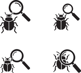 Solid Black App Debugging Icon Set with Bug and Magnifying Glass For App Developer