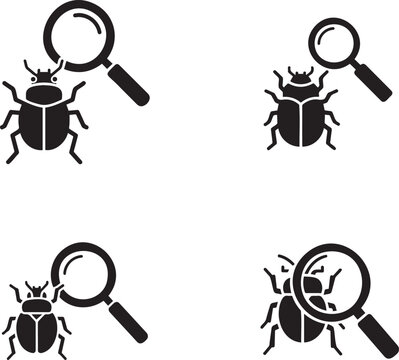 Solid Black App Debugging Icon Set with Bug and Magnifying Glass For App Developer