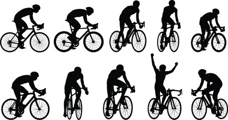 Obraz premium Professional road cyclist silhouettes set featuring athletes in racing positions and victory celebration isolated on white background for sports fitness and competition design.