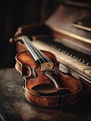 Obraz premium Violin on piano background with copy space