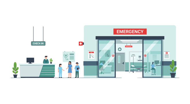 A busy hospital emergency room entrance featuring a check-in desk, staff, and patients is illustrated.