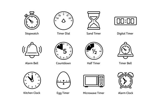 Collection of various timer and clock icons including stopwatch, sand timer, microwave, and egg timer