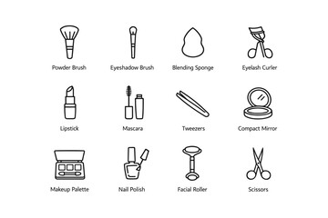Obraz premium Essential makeup tools: brushes, eyelash curler, lipstick, and more