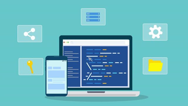 Flat illustration of software development workspace with laptop showing code editor, mobile interface, and sharing system icons representing programming and digital workflow.
