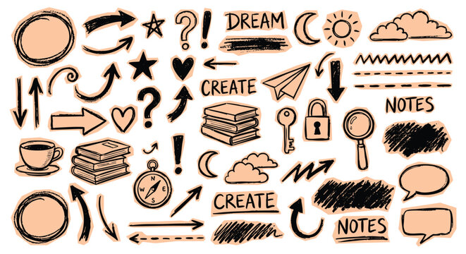 Cut out scrapbook Office and idea doodle icons set featuring hand drawn camera, books, lightbulb, compass, paper plane and arrows for business infographics, educational materials and vector.