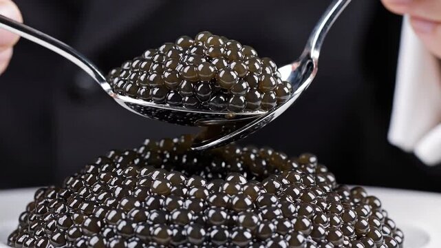 Elegant hands using two silver spoons to serve luxurious black caviar from a mound for gourmet food concept and exclusive dining experience