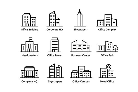Icon set of various office buildings and corporate headquarters designs