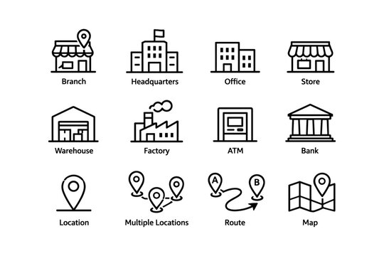 Icon set representing various business locations and services