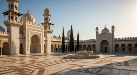 Fototapeta premium Majestic Islamic Mosque Complex Featuring Intricate Architecture, Courtyard Fountain, and Towering Minarets