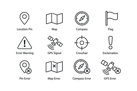 Navigation icons set: location, error, gps, map, compass, flag