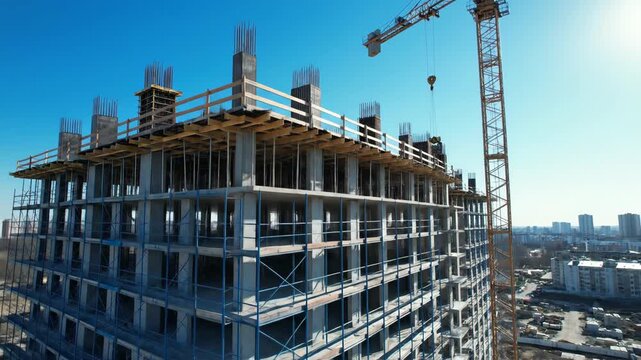 Aerial view of a multistory building construction site with crane operation, showing ongoing progress, framework, and rebar installation
