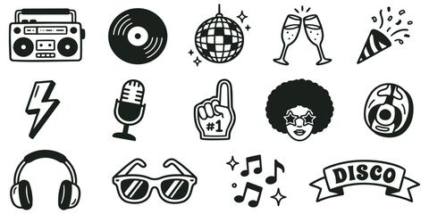 Disco party doodle icons set vector with music dance audio and celebration elements hand drawn sketch symbols collection for nightlife poster branding print use © jonty