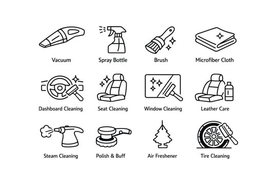 Car cleaning icons set: tools for interior and exterior detailing