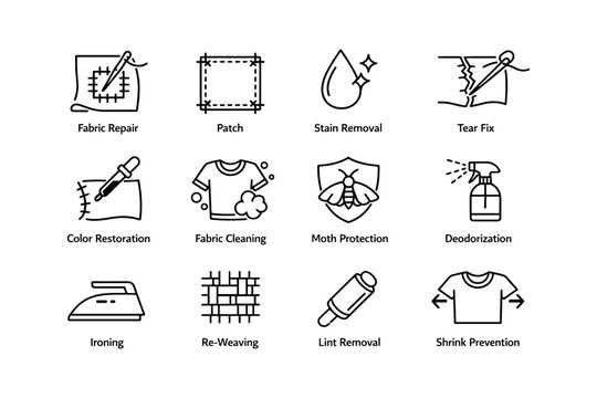 Laundry and fabric care icons: repair, cleaning, protection, deodorization, ironing