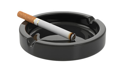 Cigarette in black ashtray with cigarette butt