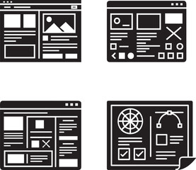 Solid Black UI UX Wireframe Icon Set Representing Interface Layout and Design Structure For App Developer