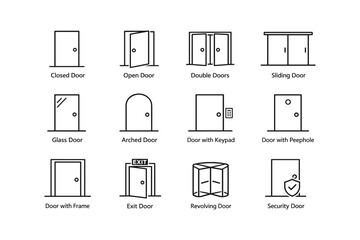 Obraz premium Illustrations of various door types: closed, open, double, sliding, glass, arched, keypad, peephole, frame, exit, revolving, security