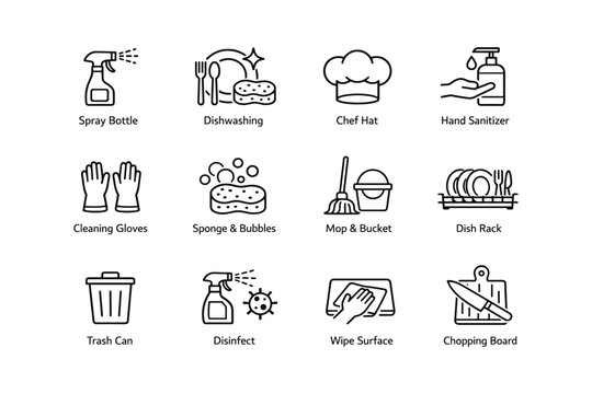 Cleaning and kitchen icon set featuring tools and utensils