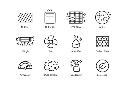 Air quality improvement icons: purifiers, filters, and eco mode symbols