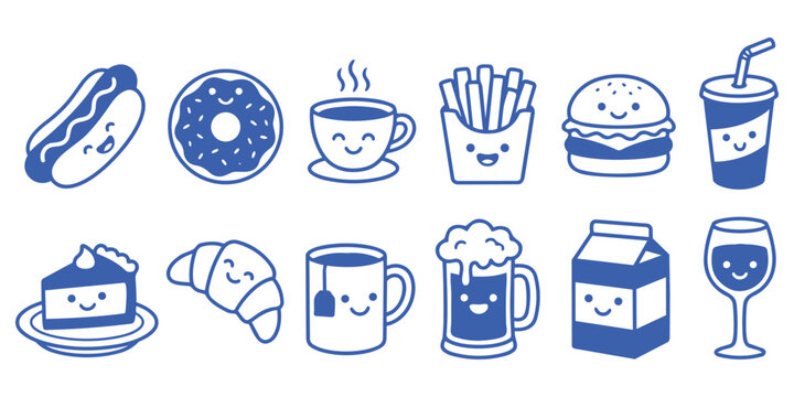 Fast food line icons set vector with burger fries drinks dessert snacks outline symbols collection for restaurant menu cafe branding packaging delivery app design