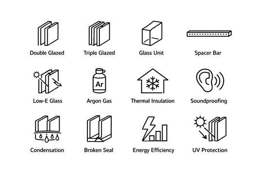 Window features: double glazed, argon gas, thermal insulation, uv protection icons