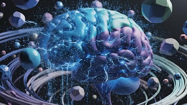 Vibrant brain with liquid explosion in futuristic neural network
