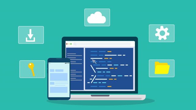 Flat illustration of software development workspace with laptop displaying code editor, mobile interface, and cloud upload system icons representing programming workflow.
