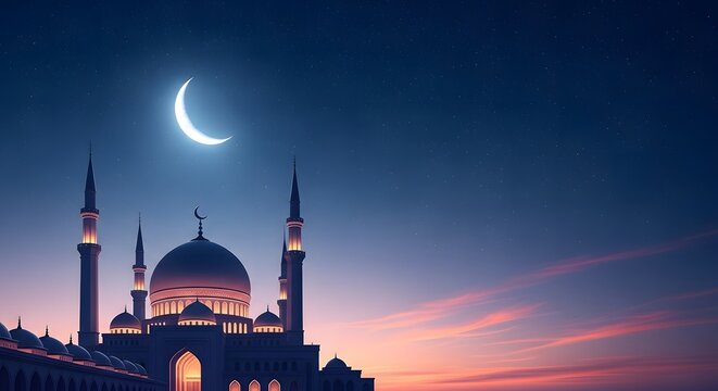 Ramadan kareem eid mobarak a peaceful mosque at dusk under crescent moonlight